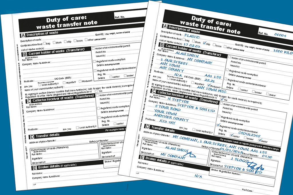 Two Part Duty of Care Waste Transfer Notes